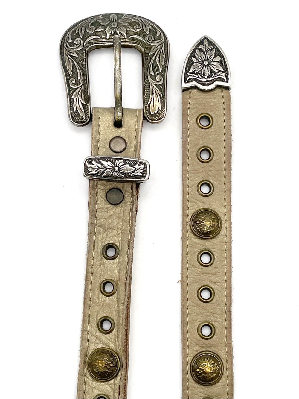 Vintage Western Leather Belt Taupe Tan Studded Floral Engraved Buckle Size XL - Picture 6 of 9